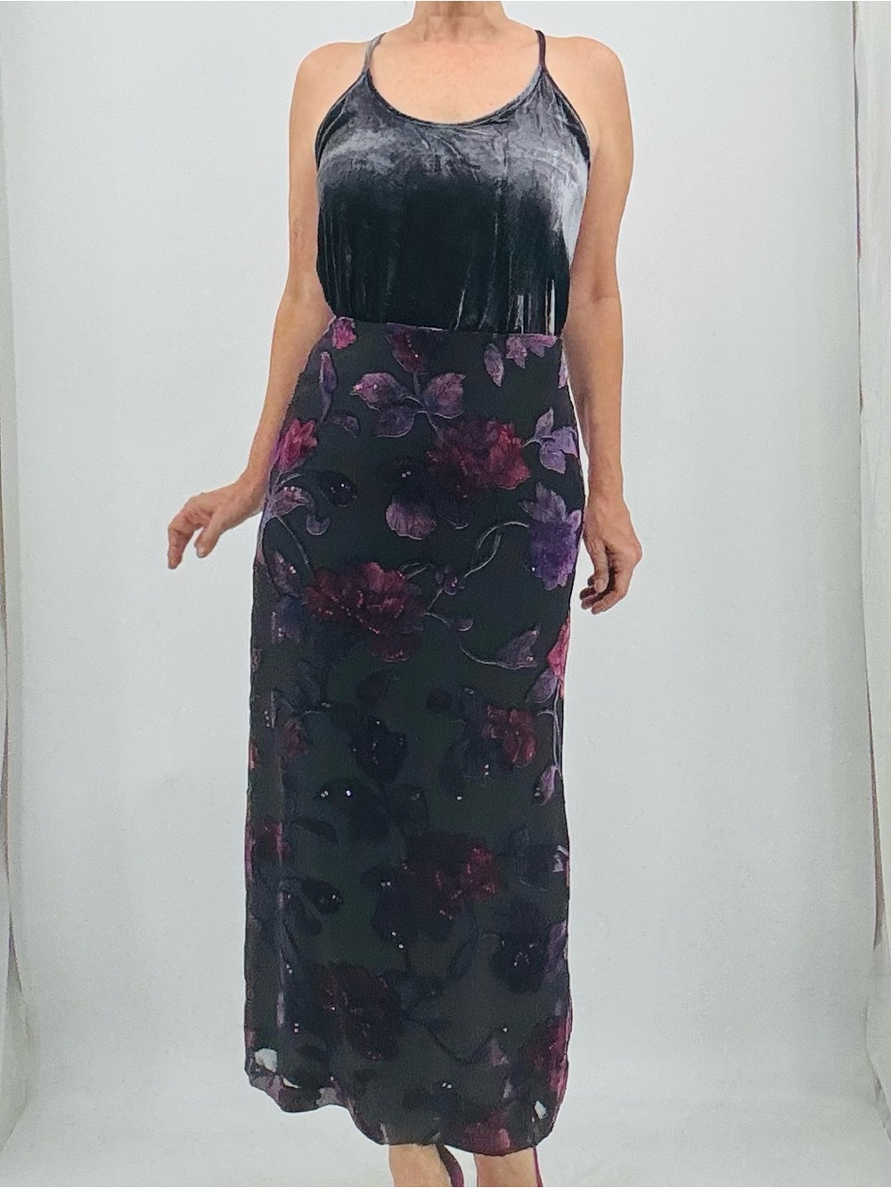 St. John Kelly and Diane Vintage 90s Whimsigoth Fairy Burnout Velvet Silk Skirt - Picture 3 of 16